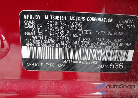 2019 Mitsubishi Eclipse Cross Se из США, поврежденный, VIN JA4AT5AA0KZ052883